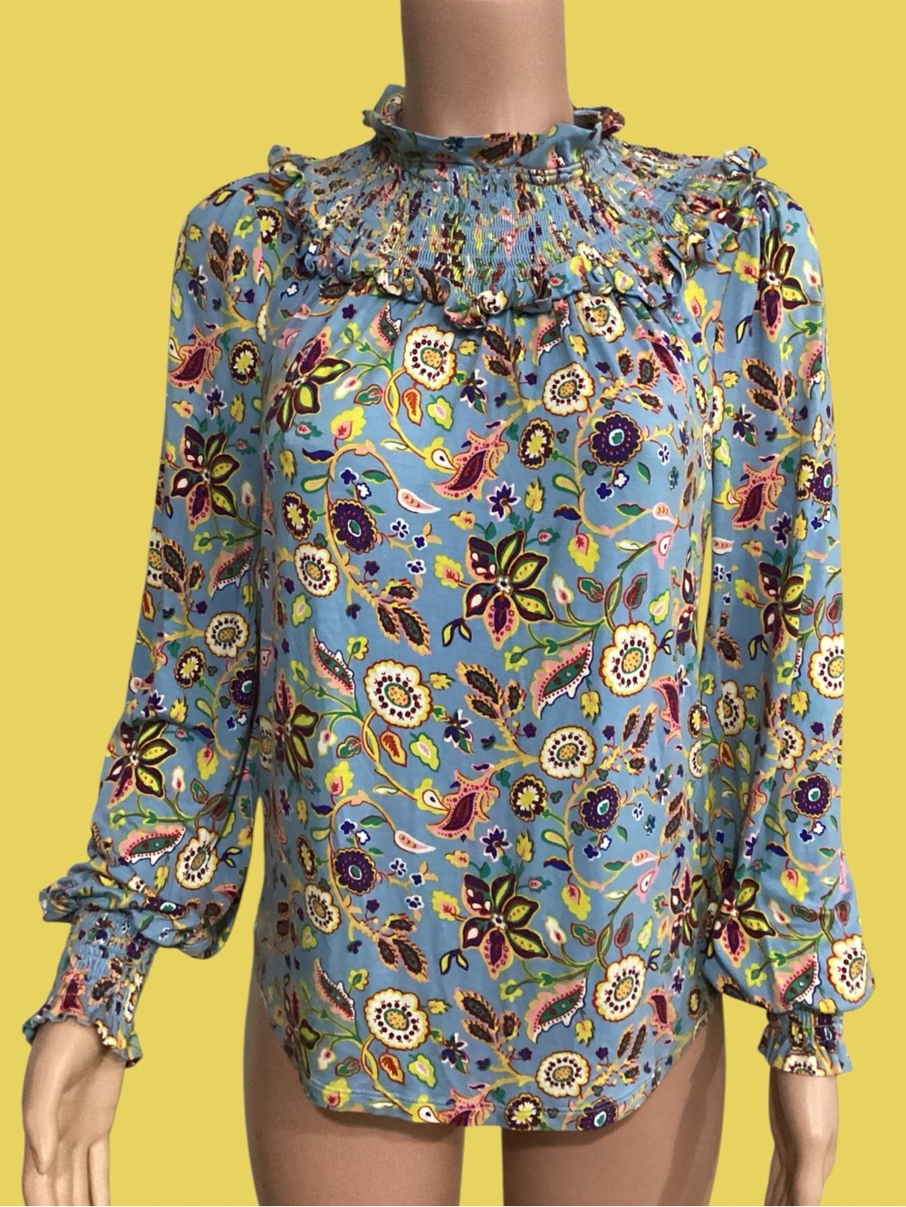 Boden Paisley Floral Smocked Ruffle Neck Blouse size 6